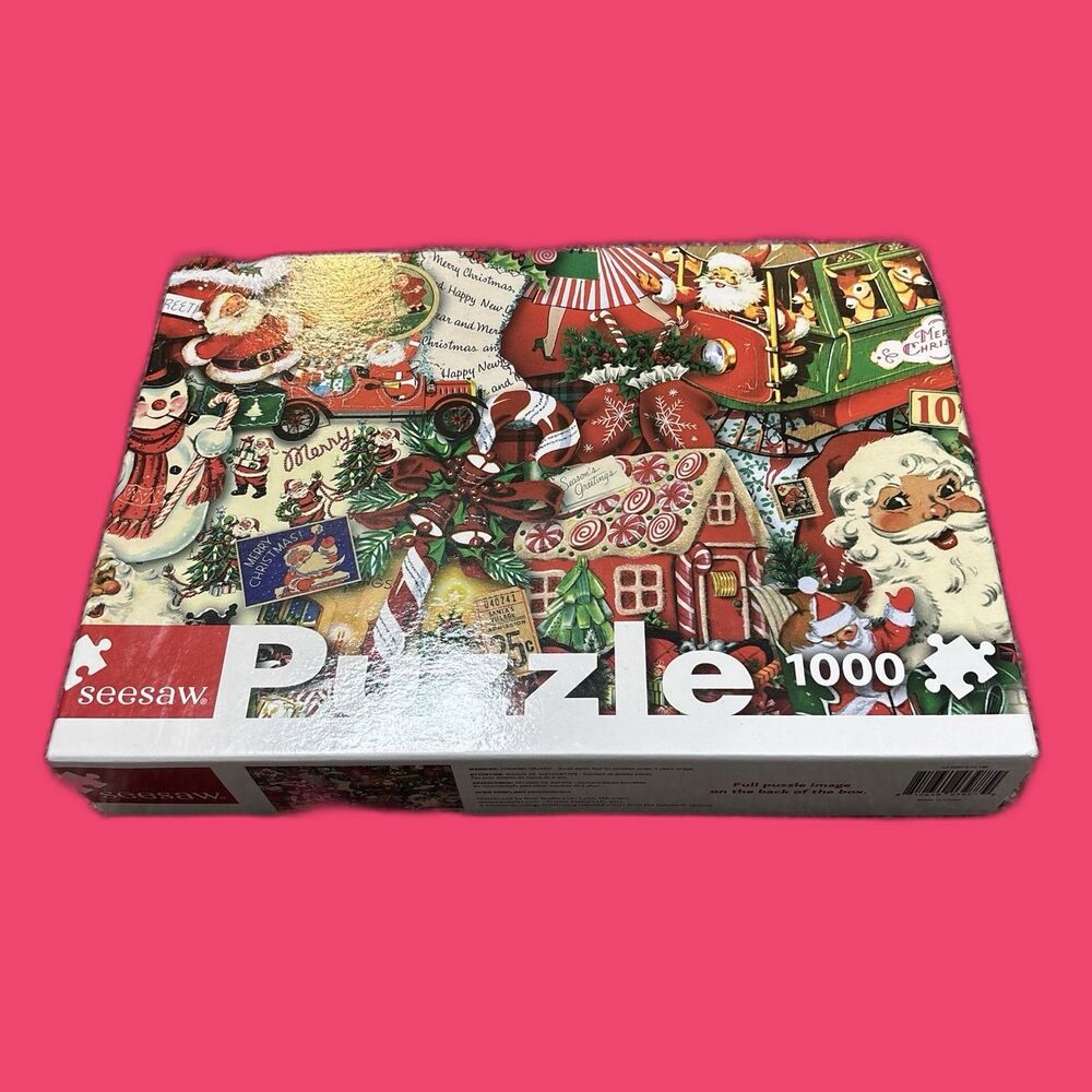 Seesaw Christmas Retro Santa Frosty Oh What Fun 1000pc Jigsaw Puzzle Collage Art